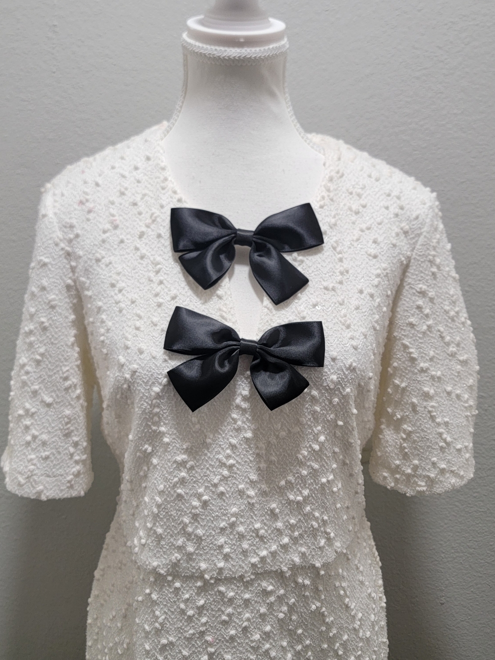 Joseph Ribkoff White Textured Midi Dress with Black Bows